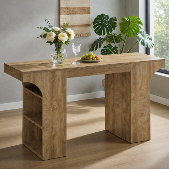 Demi Bonn 63" Rustic Modern Bar Table, Counter Height Rectangular Pub Table with Dual Open Shelving & Dust-Resistant Side Panels, Brown