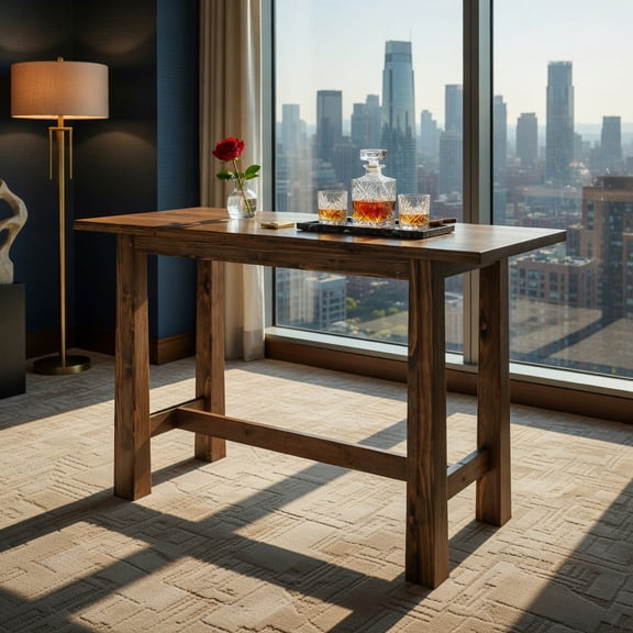 Demi Bonn 63" Solid Wood Bar Height Table, Rustic Farmhouse Pub Table for Home Bar, Kitchen Island, or WFH Desk (4-6 Seater), Brown