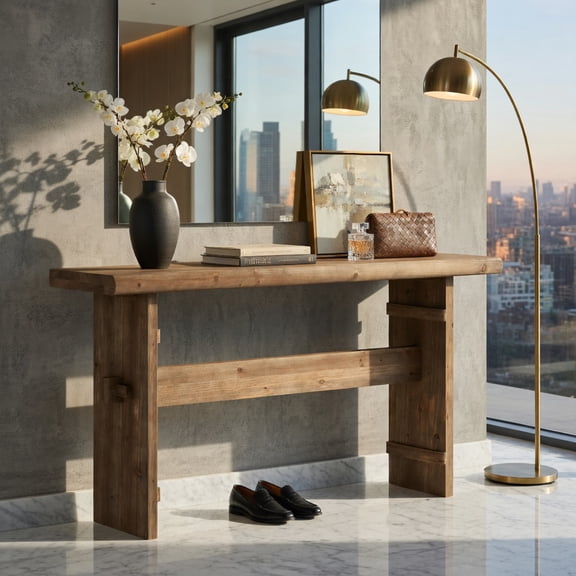 Demi Bonn 63" Solid Wood Console Table for Entryway, Living Room & Behind Sofa, Farmhouse Style Sofa Table with 350 lb Weight Capacity, Brown
