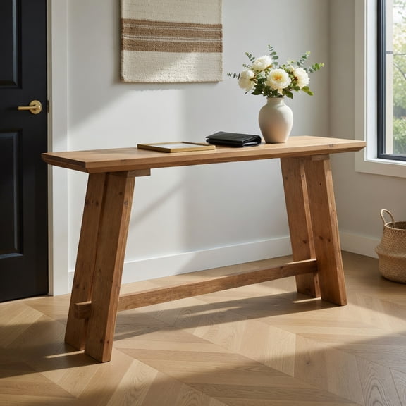 Demi Bonn 63" Solid Wood Farmhouse Console Table with Parquet Top, Rustic Sofa Table for Living Room, Entryway or Hallway, Brown
