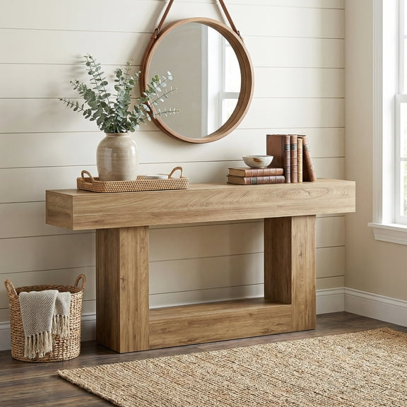 Demi Bonn 63" Wood Console Table, Farmhouse 2-Tier Sofa Table Entryway Table, Foyer Display Table, Light Brown