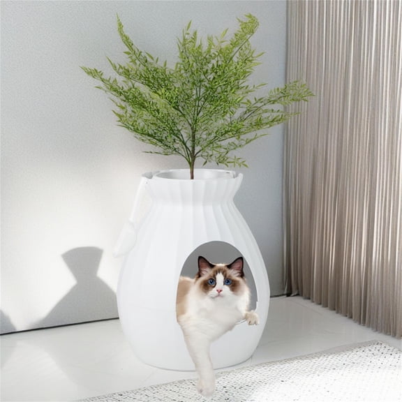 Demi Bonn 63L Smart Plant Cat Litter Box Enclosure Furniture with Electronic Odor Removal System, Hidden Cat House Washroom with Detachable Door Curtain, Scoop, White