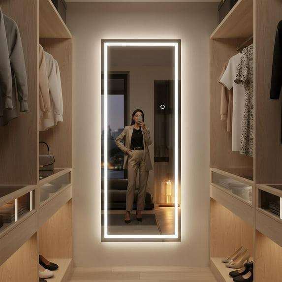Demi Bonn 63x24 Inch Frameless LED Full-Length Mirror, Black Tempered Glass, 2399 Lumens LED, Anti-Desilvering Distortion-Free, Heavy-Duty Back Frame
