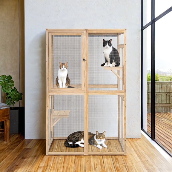 Demi Bonn 64" Cat House Outdoor Catio Cat Enclosures Wooden Kitty House with Platforms, Waterproof Roof, Hammock, Beige