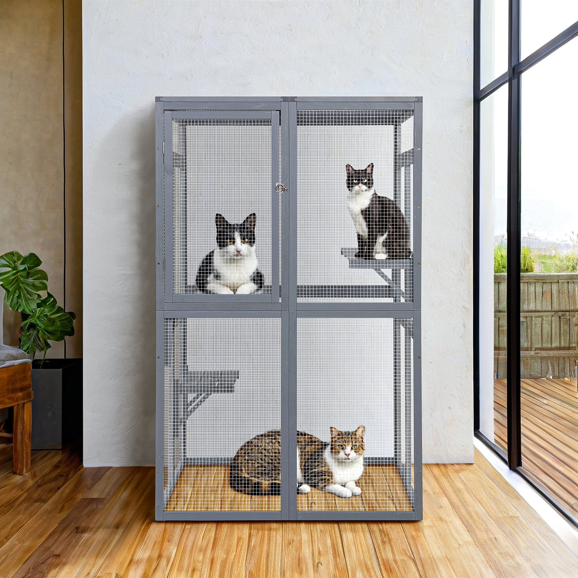 Demi Bonn 64" Cat House Outdoor Catio Cat Enclosures Wooden Kitty House with Platforms, Waterproof Roof, Hammock, Gray