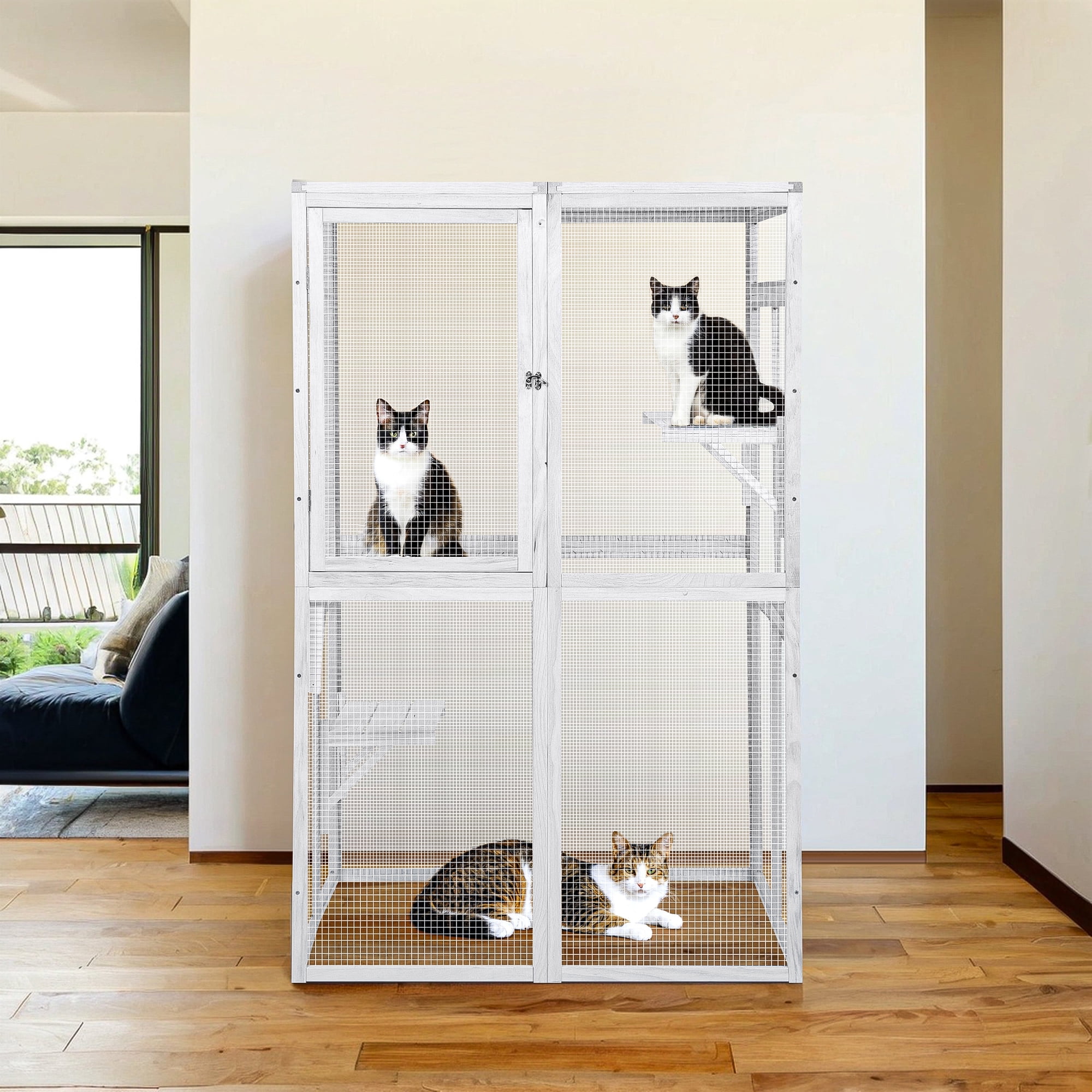 Demi Bonn 64" Cat House Outdoor Catio Cat Enclosures Wooden Kitty House with Platforms, Waterproof Roof, Hammock, White