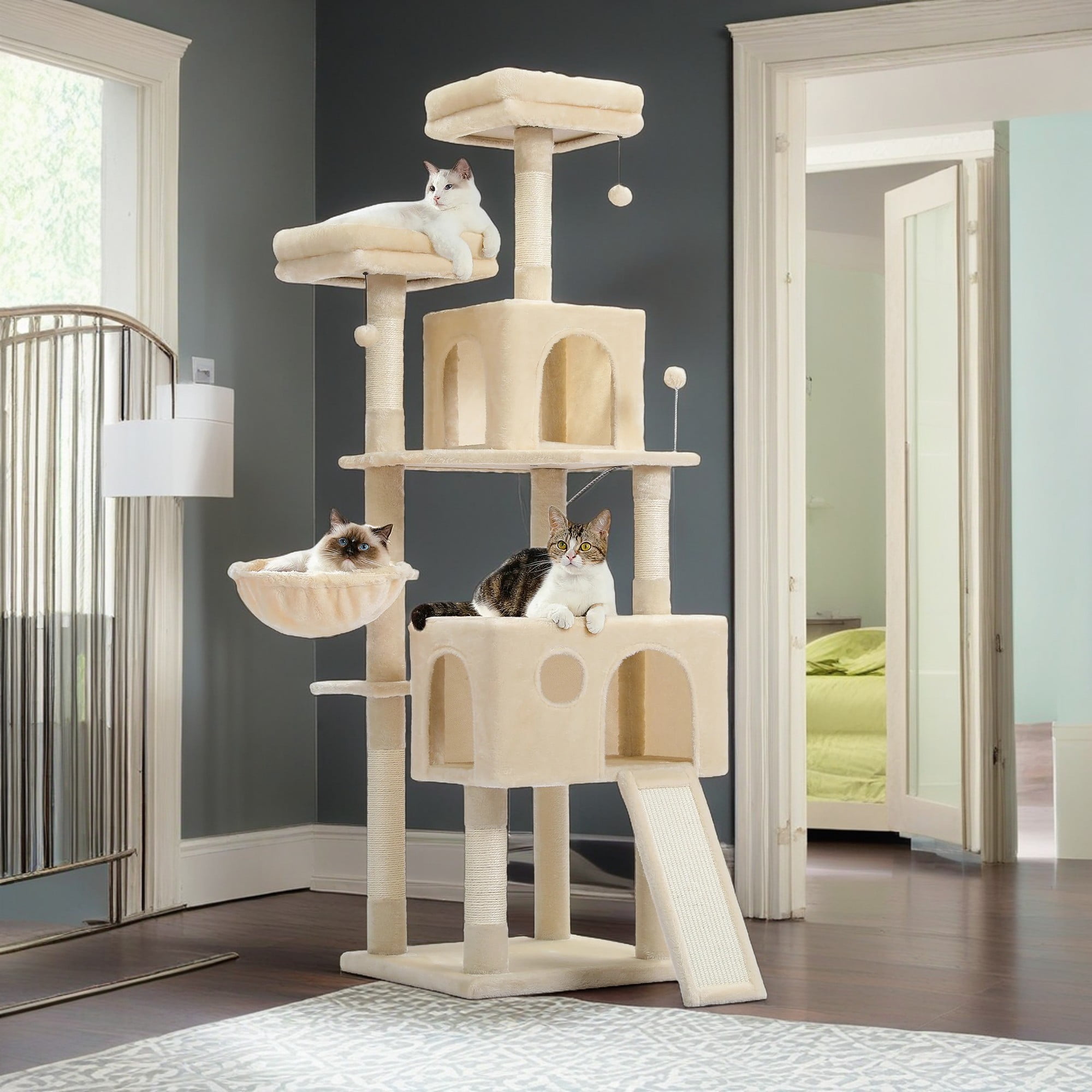 resenkos 64" Cat Tree Tower for Large Cats with Sisal Poles, Hammock, Indoor Pet Supplies Climbing Tree House, Multi-Level Cat Condos, Beige