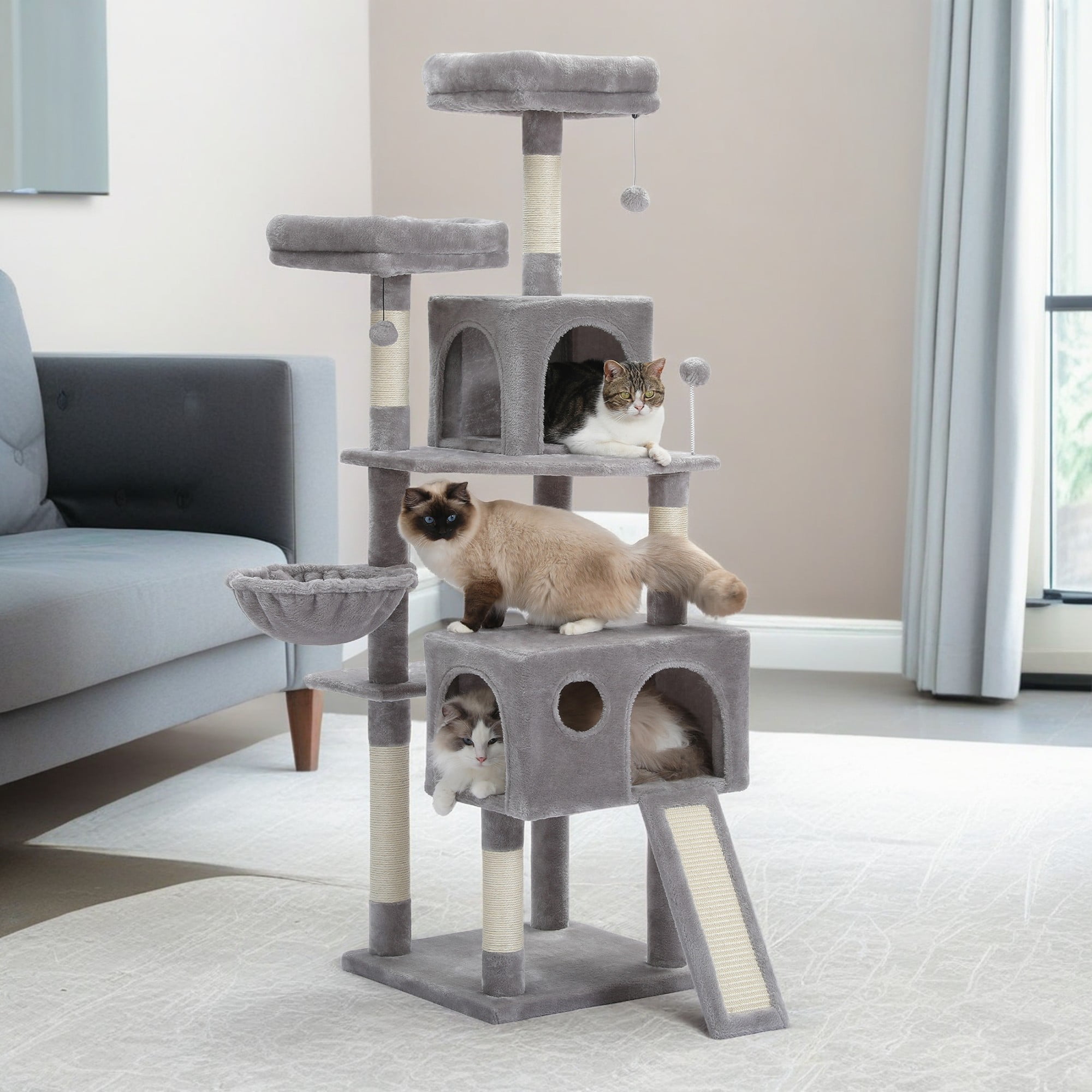 resenkos 64" Cat Tree Tower for Large Cats with Sisal Poles, Hammock, Indoor Pet Supplies Climbing Tree House, Multi-Level Cat Condos, Gray