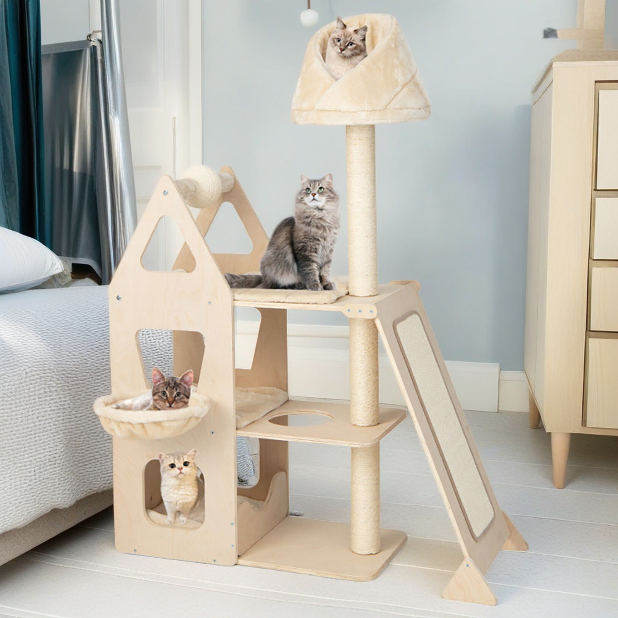 resenkos 64" Cat Tree Tower with Wood 2 Level Cat Condos, Large Perch and Totally Wrapped Sisal Posts, Modern Cat Tree House, Beige