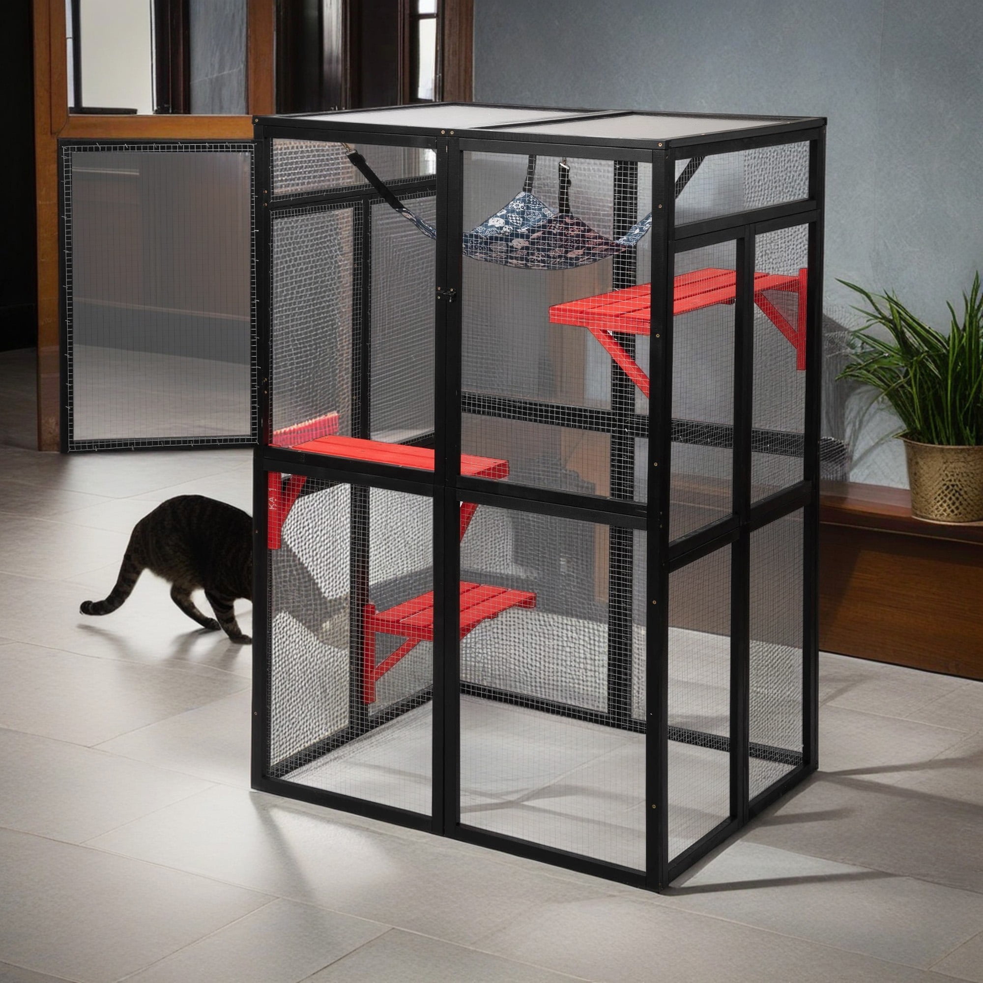 Demi Bonn 64" Gothic Cat House Outdoor Catio Cat Enclosures Wooden Kitty House with Platforms, Waterproof Roof, Hammock, Black