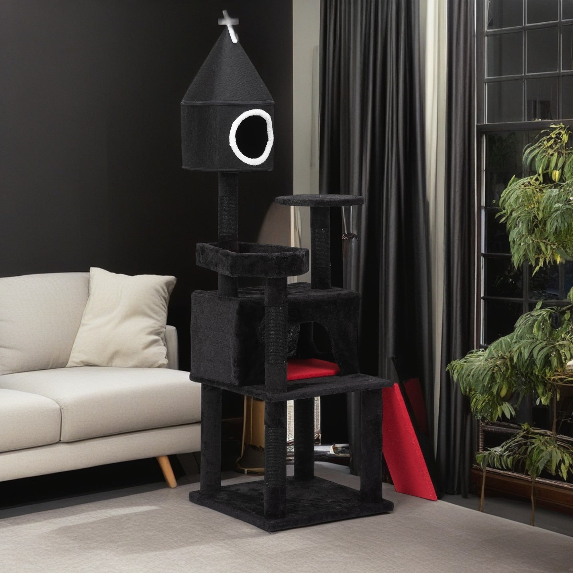 Kadyn 64" Gothic Cat Tree with Coffin Bed for Indoor Cats, Cat Tower with Scratching Ramp, Modern Cat Tree House with Condo, Black