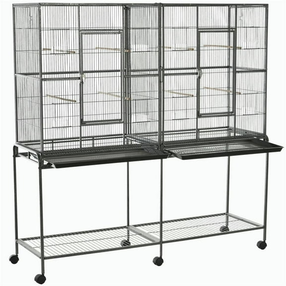 Demi Bonn 64" Height Heavy Duty Travel Bird Cage Carrier with Rolling Stand, Wood Perch & Food Container for Parrots Conures Lovebird Cockatiel Parakeets, Black