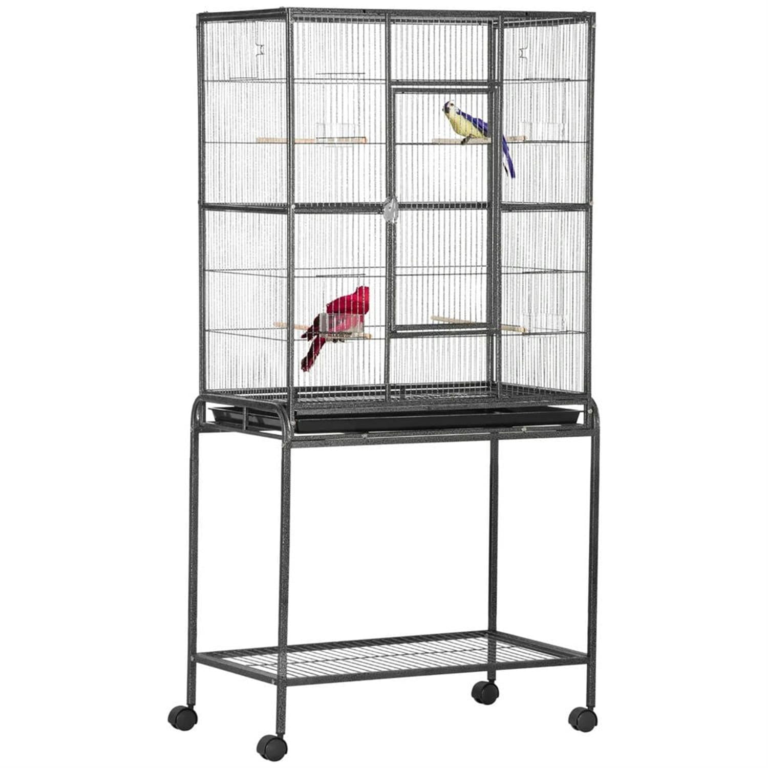 resenkos 64" Height Heavy Duty Travel Bird Cage Carrier with Rolling Stand, Wood Perch & Food Container for Parrots Conures Lovebird Cockatiel Parakeets, Black