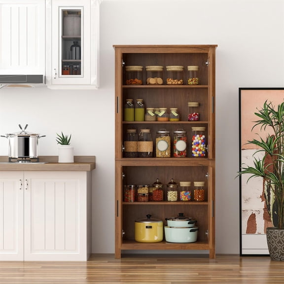 Demi Bonn 64" Kitchen Pantry, 4-Door Freestanding Storage Cabinet with 3 Adjustable Shelves for Kitchen, Dining Room, Brown