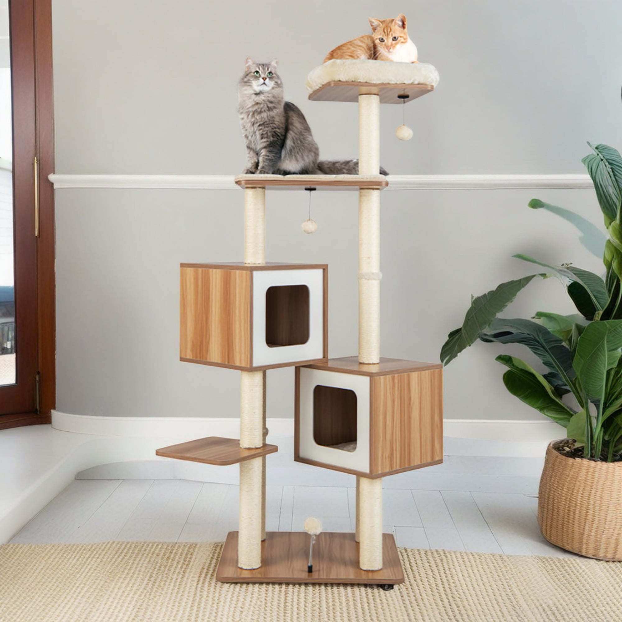 Kadyn 64" Large Wooden Cat Tree Tower with Double Condos, Large Perch and Totally Wrapped Sisal Posts, Modern Cat Tree House, Beige