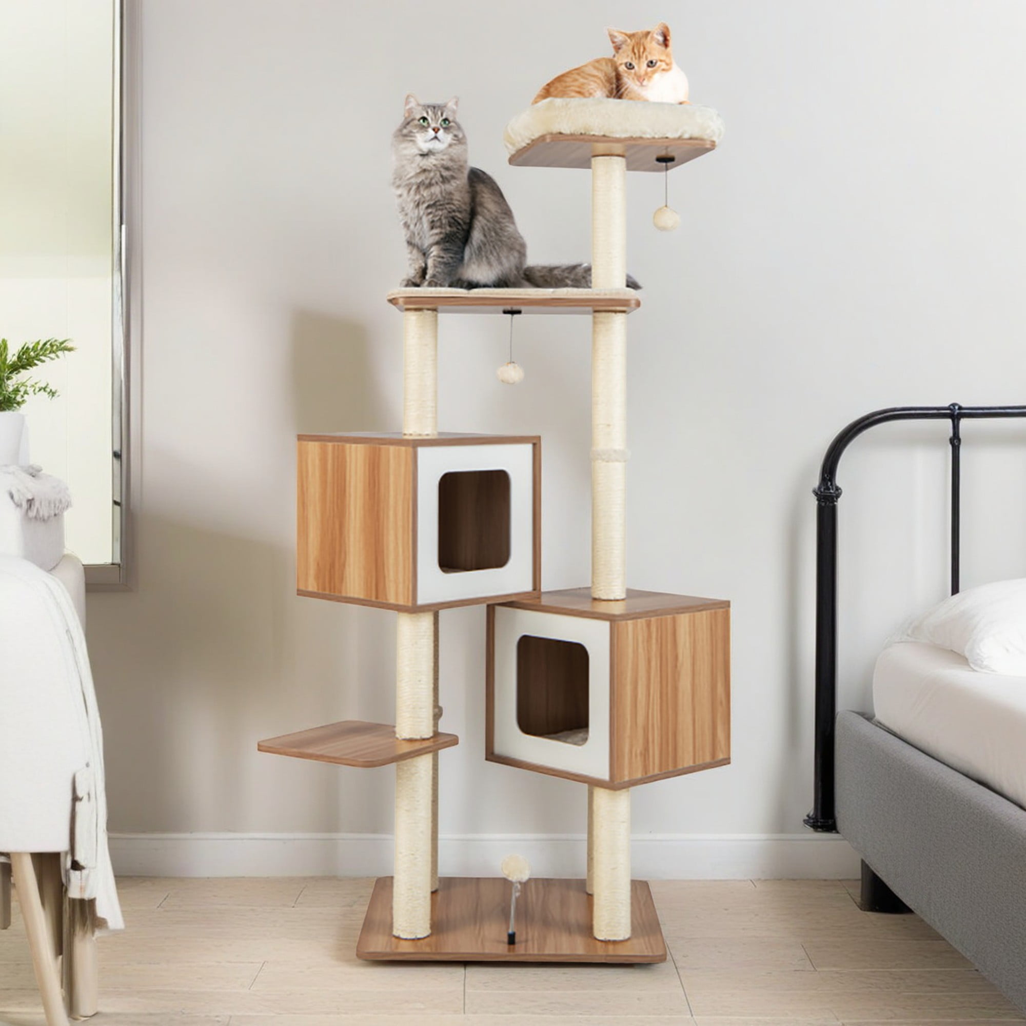 Kadyn 64" Modern Cat Tree Tower for Indoor Cats, Multi-Level Cat Condo with Scratching Posts, Perch, Washable Removable Cushions, Cat Furniture, Beige
