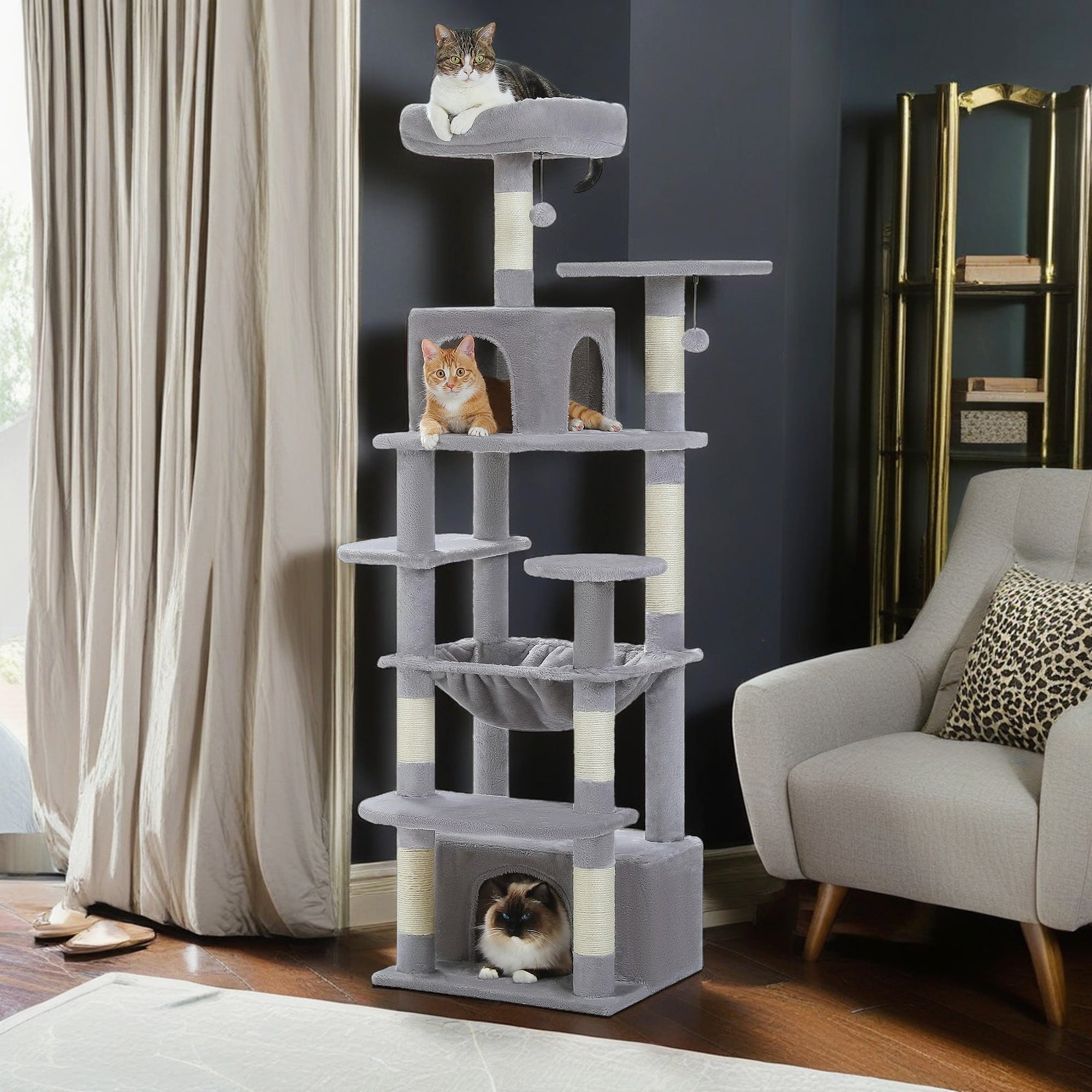 Kadyn 64" Modern Cat Tree Tower for Indoor Cats, Cat Condo with Sisal Scratching Post, Hammock and Top Perch, Gray