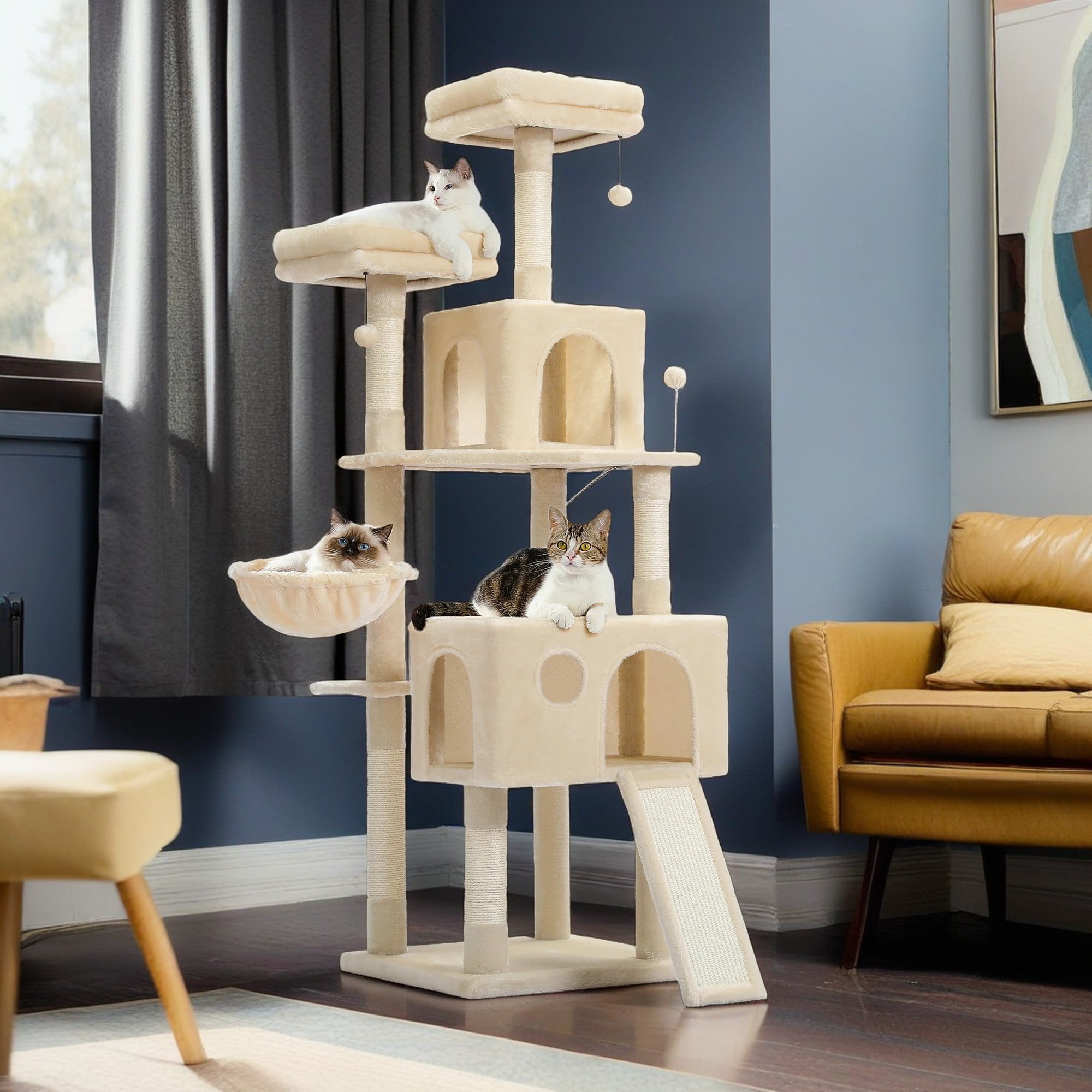 Kadyn 64" Multi-Level Cat Tree Tower for Large with Hammock, Plush Cat Condos for Indoor Cats, Beige