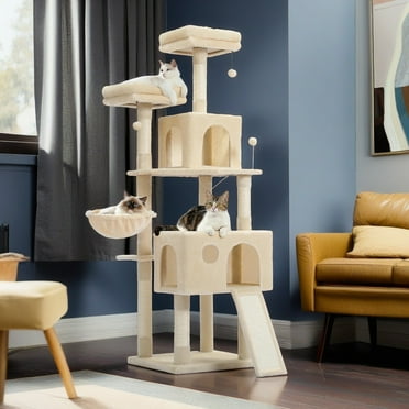 Demi Bonn 64" Multi-Level Cat Tree Tower for Large with Hammock, Plush Cat Condos for Indoor Cats, Beige