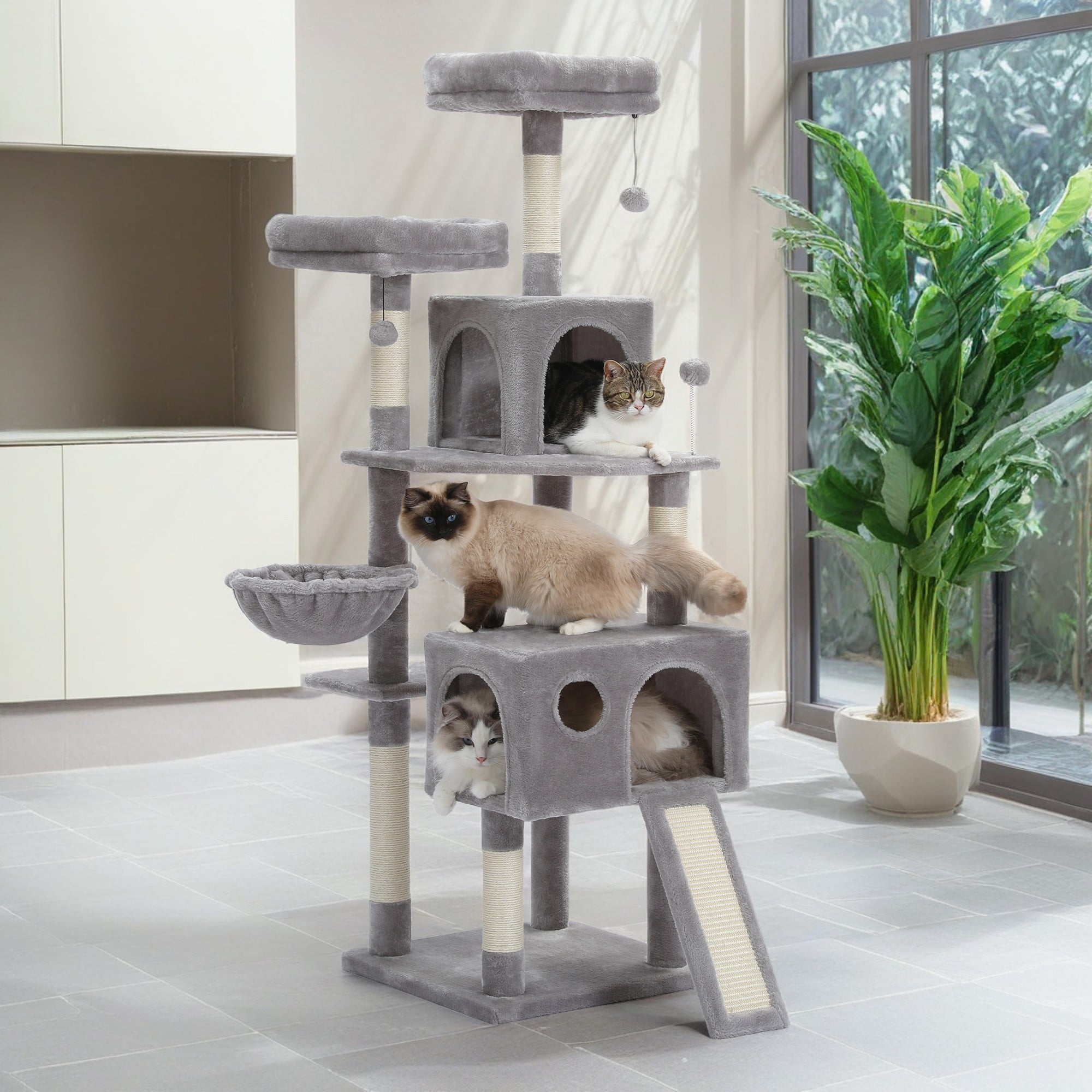 Kadyn 64" Multi-Level Cat Tree Tower for Large with Hammock, Plush Cat Condos for Indoor Cats, Gray