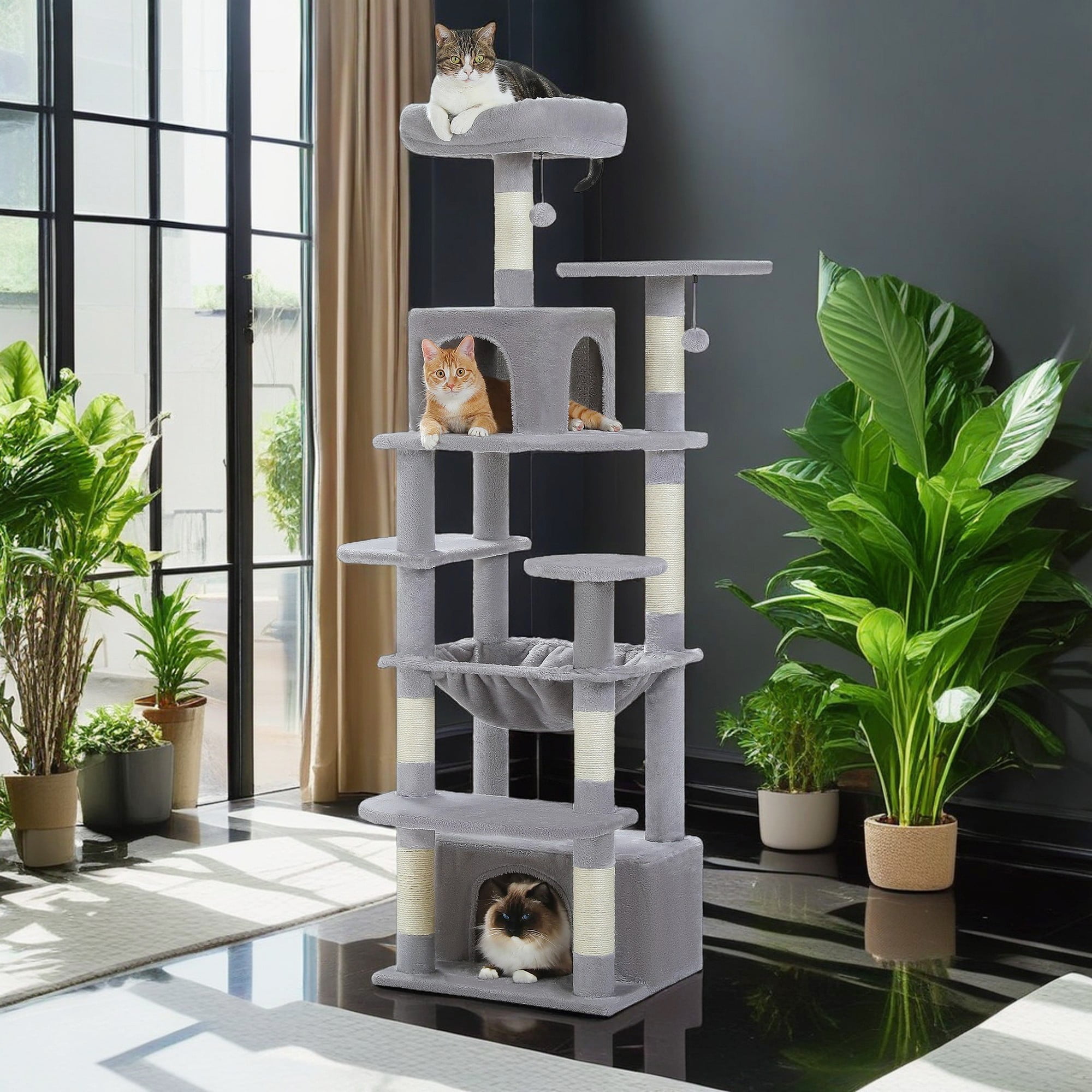 resenkos 64" Multi-Level Cat Tree Tower with Sisal Scratching Posts, Cat Condo with Hammock and Top Perch for Indoor Cats, Gray