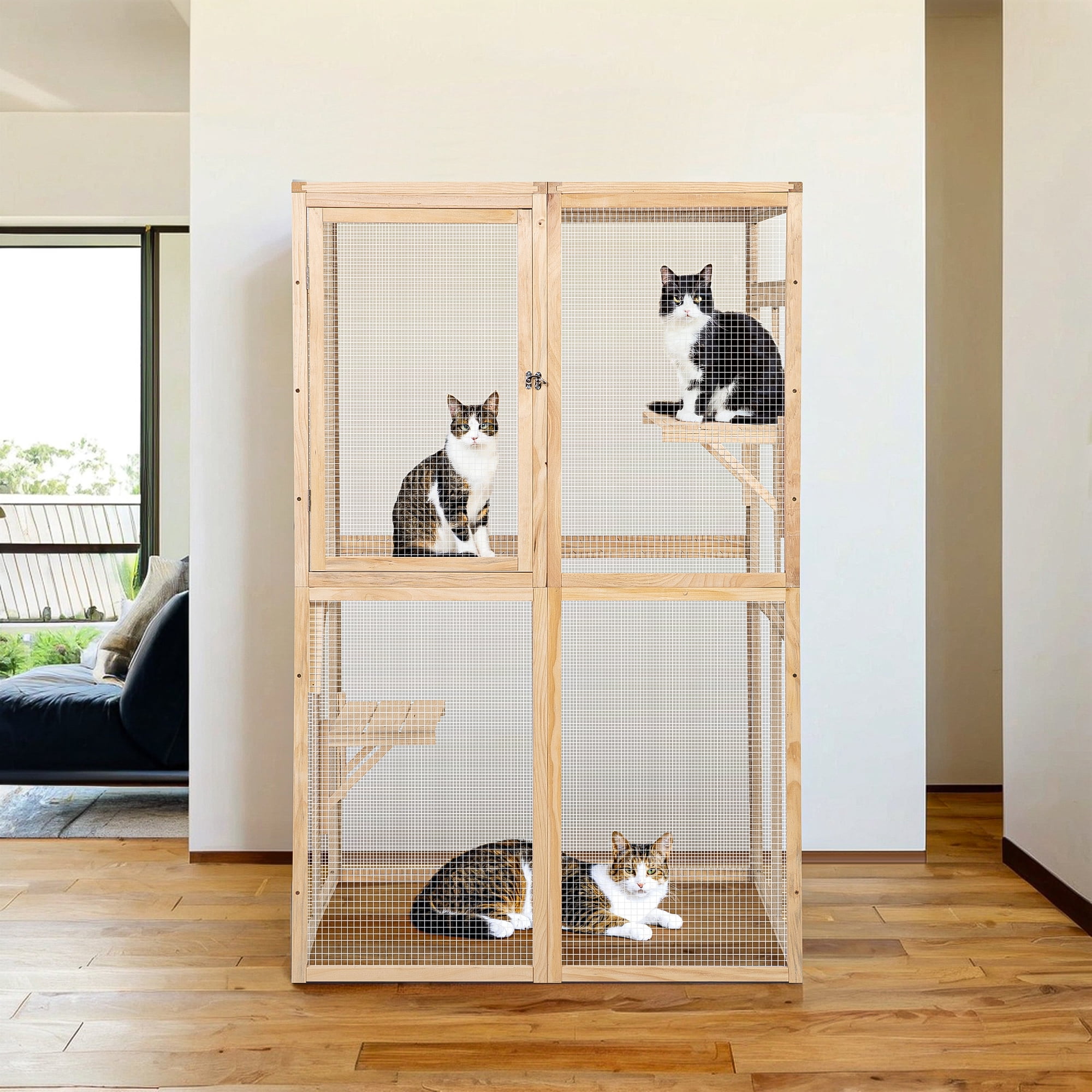 Demi Bonn 64" Outdoor Cat House, Large Cat Condo for Feral Cats Wooden Outside Cat Cage Weatherproof with Platforms, Beige