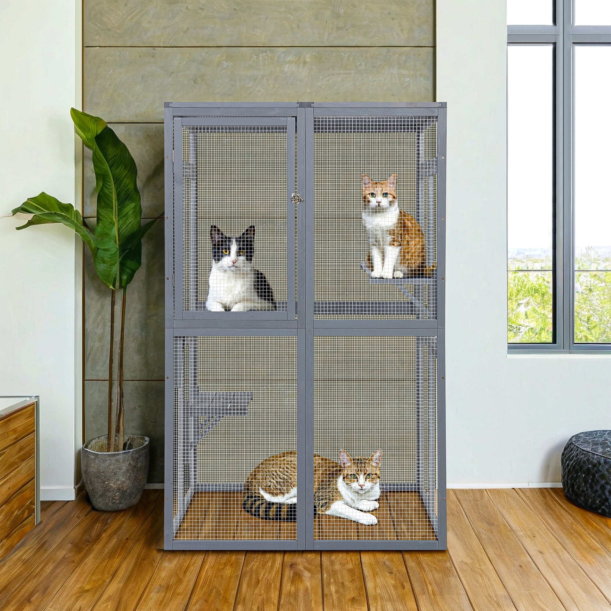 Demi Bonn 64" Outdoor Cat House, Large Cat Condo for Feral Cats Wooden Outside Cat Cage Weatherproof with Platforms, Gray