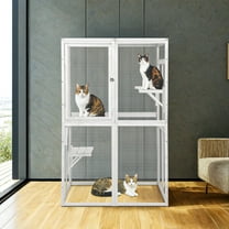 Demi Bonn 64" Outdoor Cat House, Large Cat Condo for Feral Cats Wooden Outside Cat Cage Weatherproof with Platforms, White