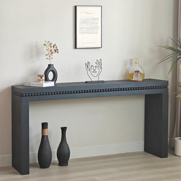 Demi Bonn 64" Rustic Wood Console Table, Elegant Entryway Table with Decorative Beaded Trim for Hallway, Living Room or Foyer, Black