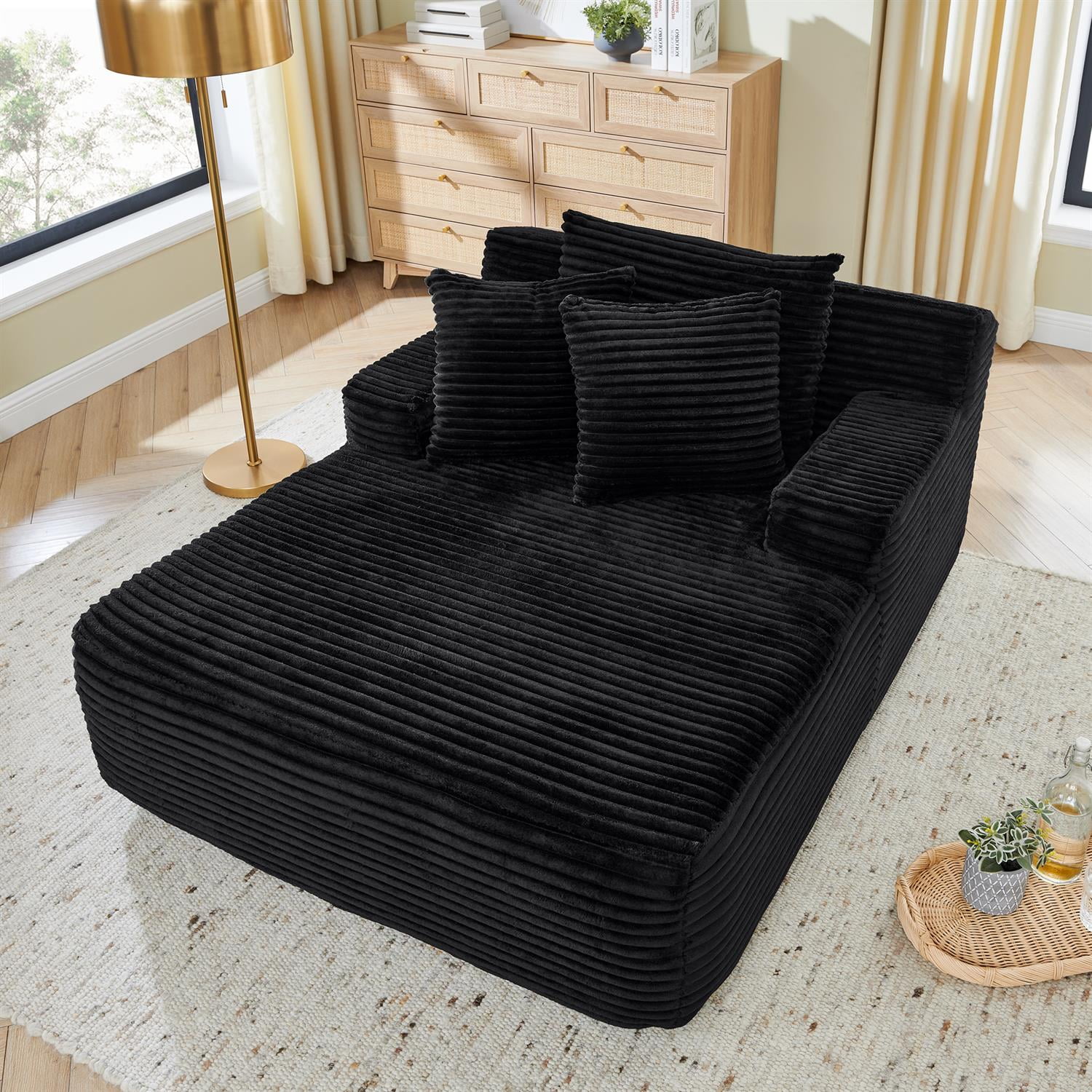 Demi Bonn 64" Velvet Fabric Single Lazy Sofa, Modern Fluffy Couch Lounge Chair for Indoor Living Room, Bedroom, No Assembly Needed, Black