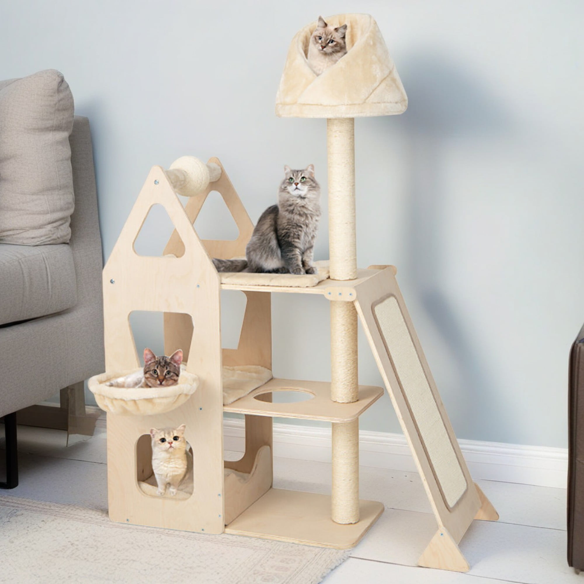 Kadyn 64" Wood Cat Tree Tower for Indoor Cats with Scratching Posts Washable Detachable Cushion, Modern Cat Condo Furniture for Large Cat, Beige