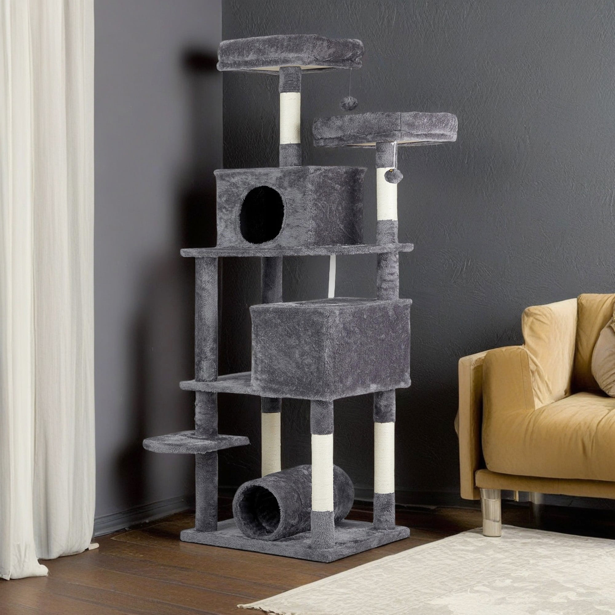 resenkos 65" Cat Tree Tower for Indoor Cats, Cat House with Padded Platform Bed, Toy Balls, 2 Cozy Condo, Cat Play Tunnel and Sisal Scratching Posts, Gray