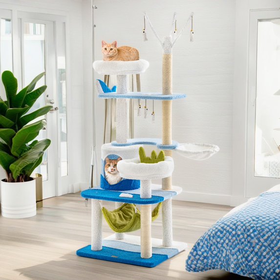 Demi Bonn 65" Cat Tree Tower with Scratching Posts, Cat Condo with Padded Plush Perch, Multi-Platform for Jump Cat Tree House, Blue