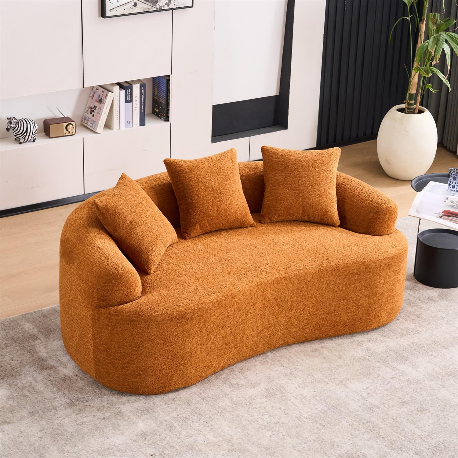 Demi Bonn 65" Compact Curved Loveseat Sofa with Chenille Fabric, Full Compression Sponge for Small Spaces, Supports up to 300 lbs, No Assembly Needed, Orange