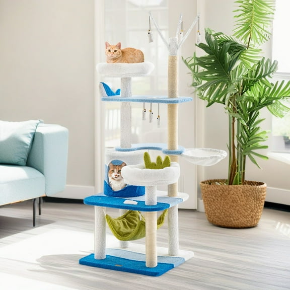 Demi Bonn 65" Cute Cat Tree Tower for Indoor Cats, Ocean World Cat Condo with Sisal Scratching Posts, Plush Perches, Kitten Cat Tree Tower Activity Center, Blue
