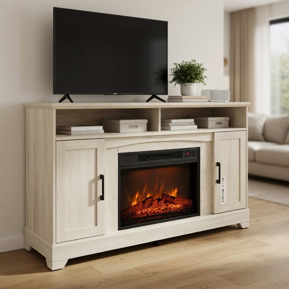 Demi Bonn 65-Inch Fireplace TV Stand with Electric Heater, 3-Level Flame Effect, Adjustable Thermostat & Remote Control, Modern Entertainment Center, White