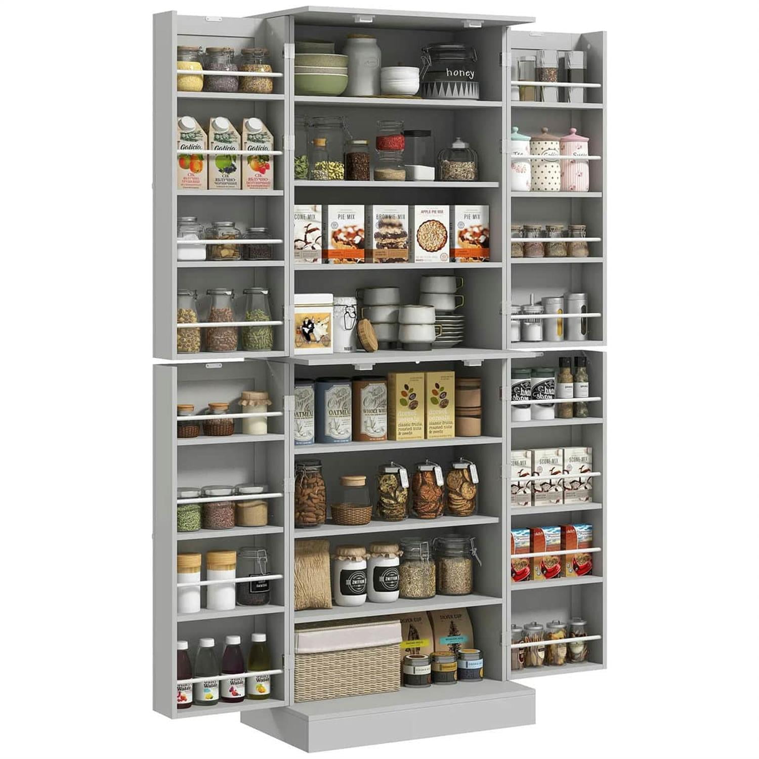 Demi Bonn 65" Kitchen Pantry Cabinet, 4-Door Storage with 16 Shelves for Dining Room, Space-Saving Kitchen Organization, Gray