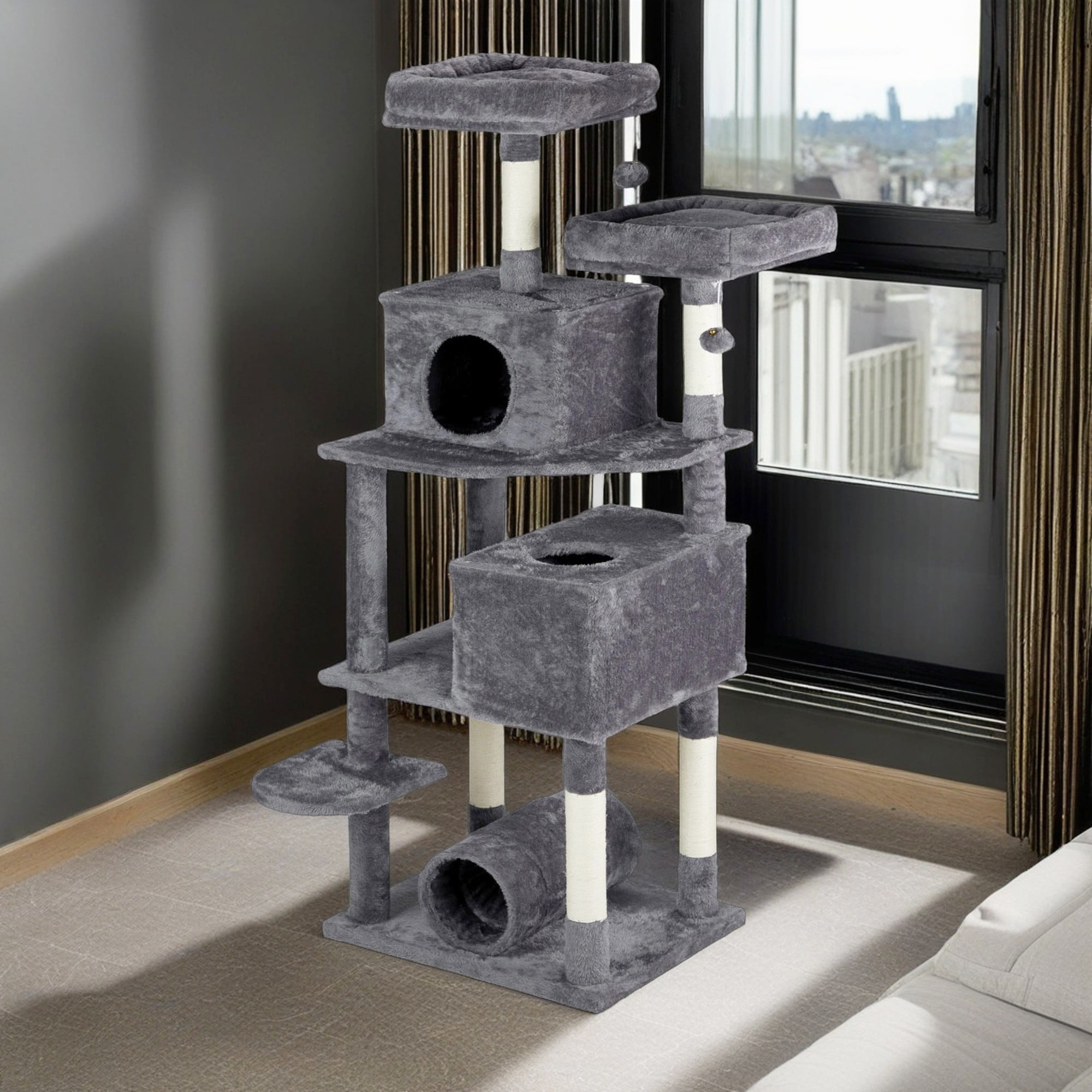 Kadyn 65" Large Cat Tree Tower, Cat Tree House for Indoor Cats with Padded Platform Bed, Toy Balls, Cozy Condo and Sisal Scratching Posts, Gray