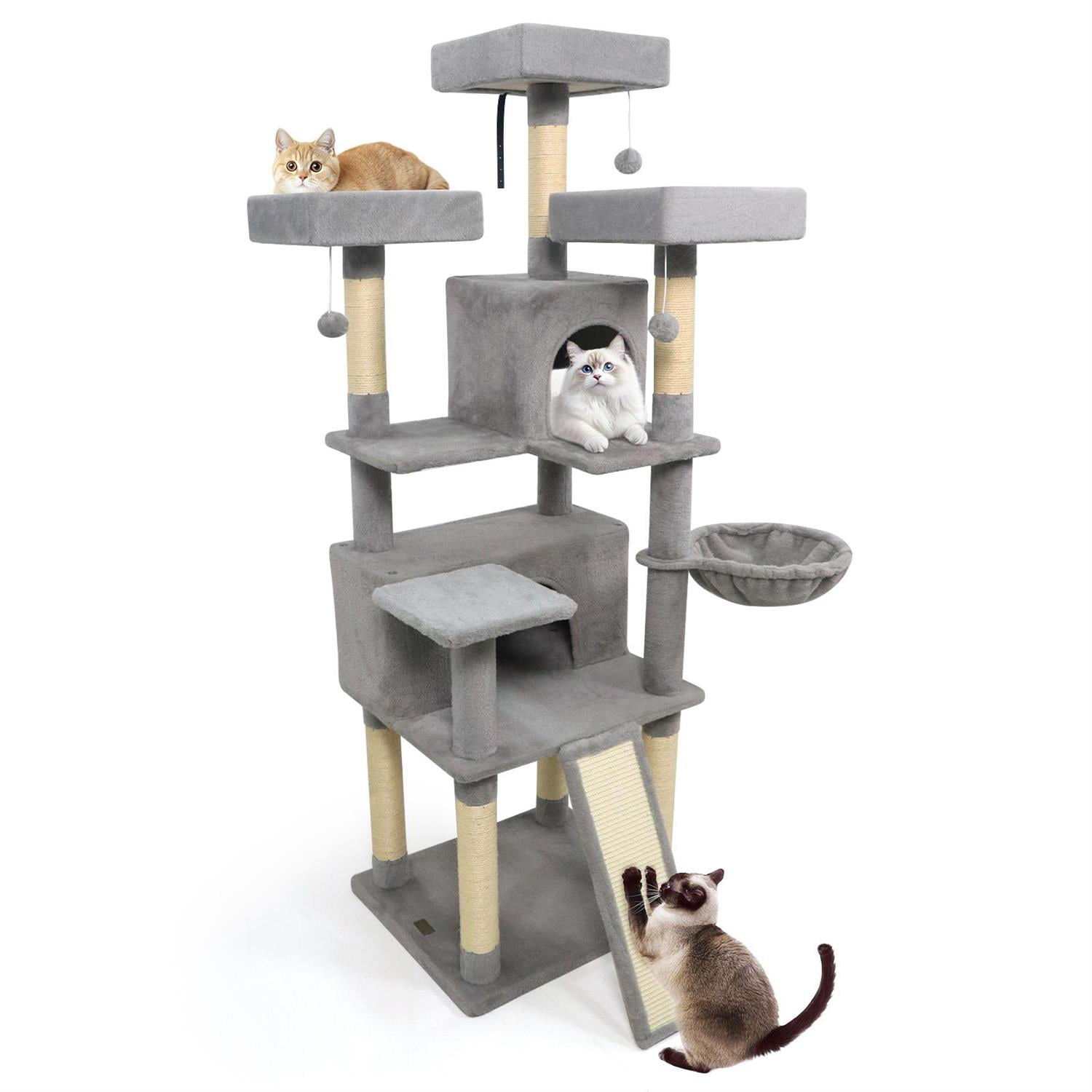Pefilos 65" Tall Multi-Level Cat Tree, 3 Upholstered Perches & 2 Condos, Sisal Scratching Posts, Light Gray