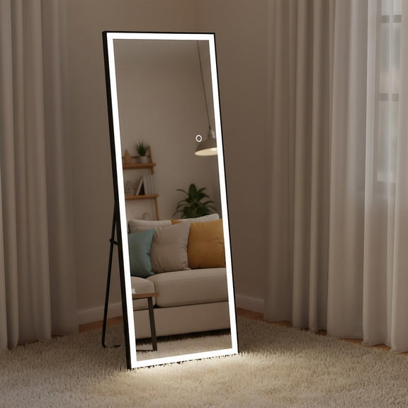 Demi Bonn 65x22 Inch Rectangle LED Full-Length Mirror, Black Frame Tempered Glass, Anti-Desilvering, Hammer-Resistant, Free-Standing/Wall-Mounted/Leaning