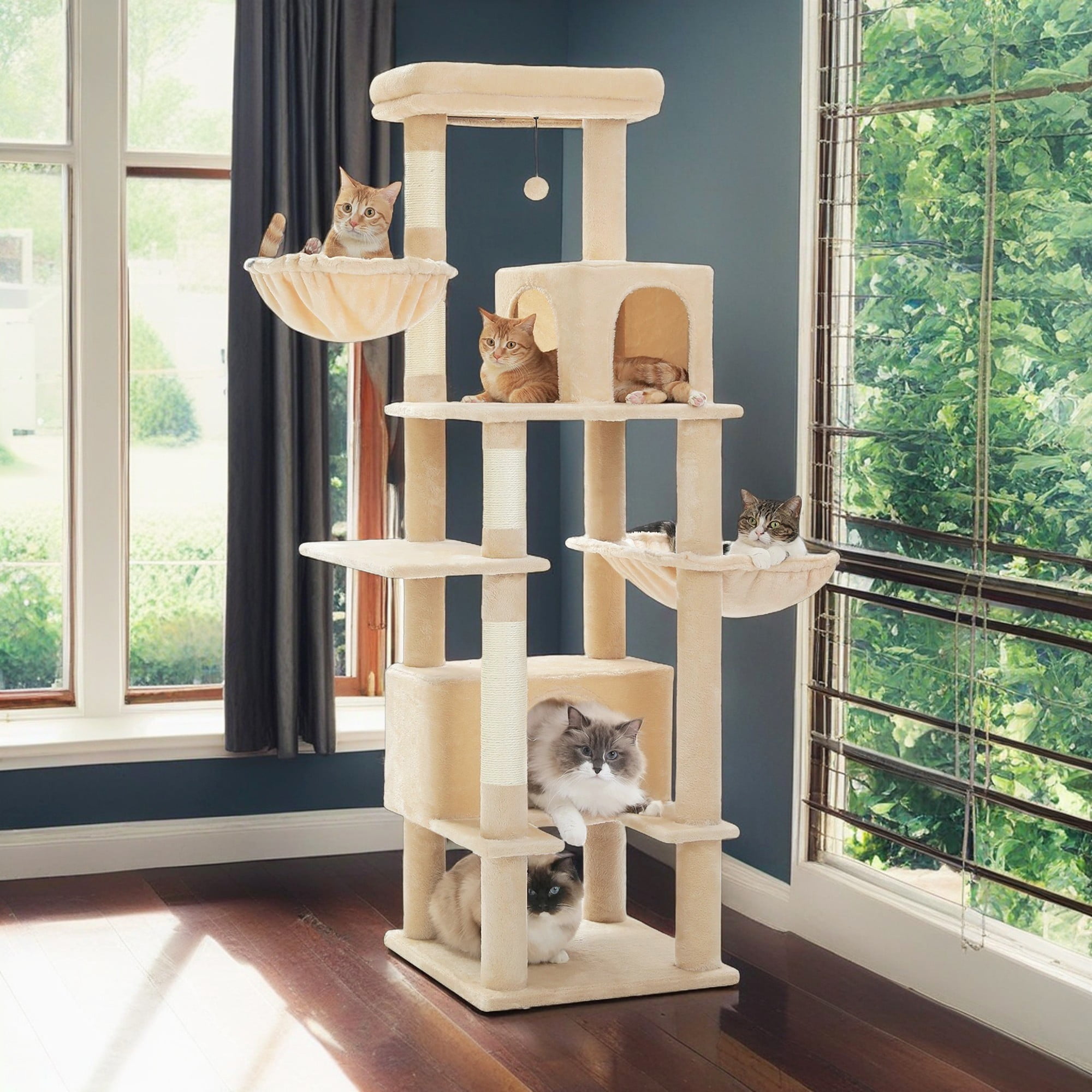 Kadyn 66" Cat Tree Tower for Big Cats, Cat Tree House Furniture with Hammock, Indoor Cat Condo for Adult Cats, Beige