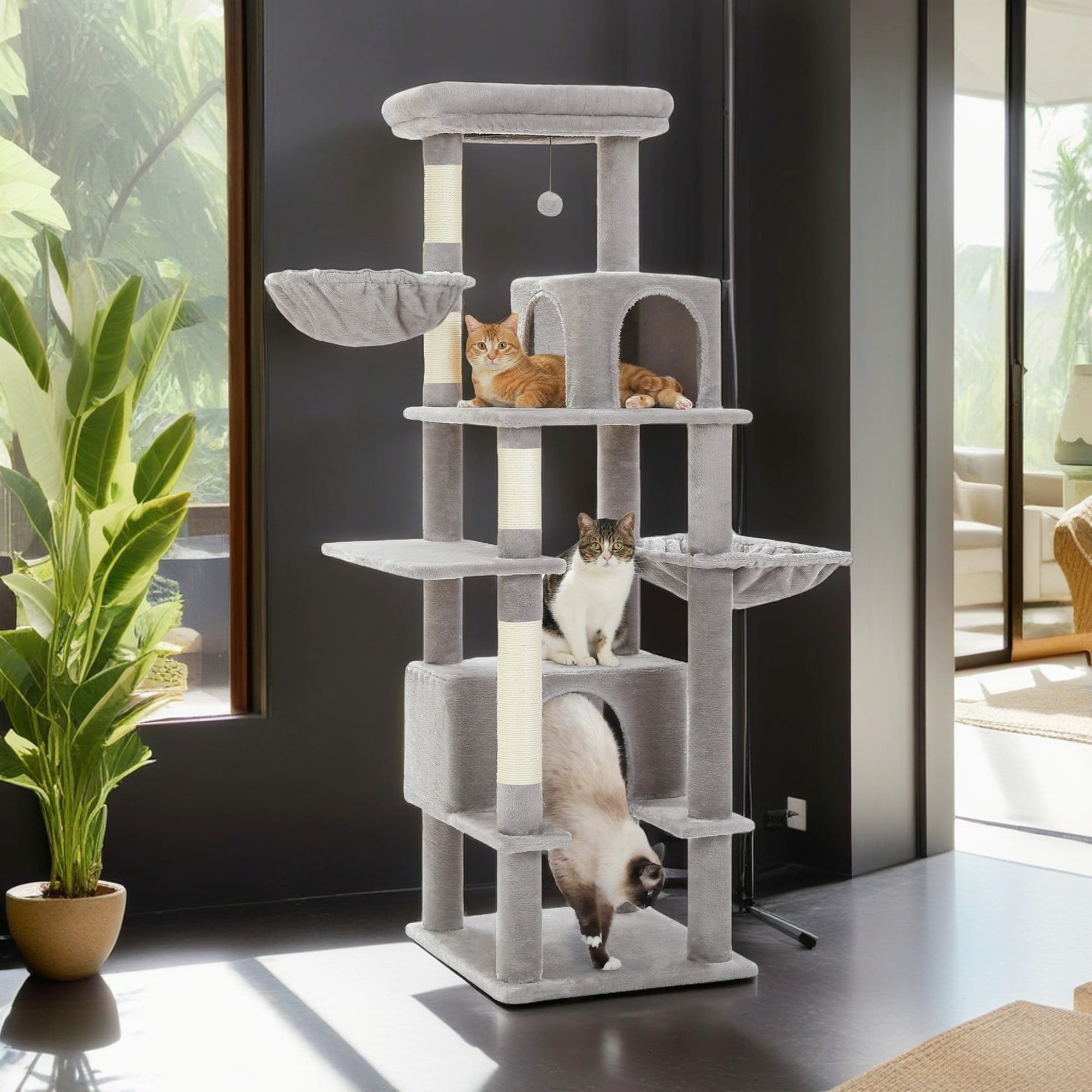 resenkos 66" Cat Tree Tower for Big Cats, Cat Tree House Furniture with Hammock, Indoor Cat Condo for Adult Cats, Gray