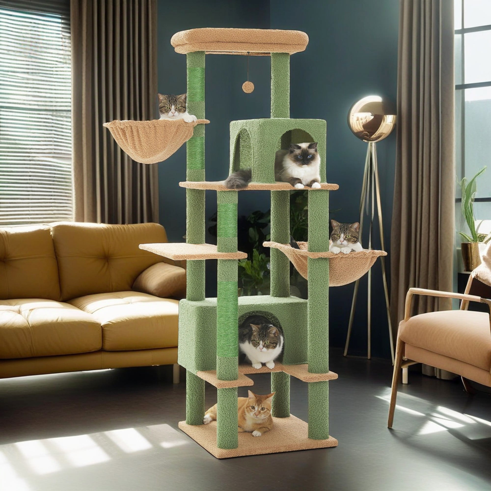 resenkos 66" Cat Tree Tower for Big Cats, Cat Tree House Furniture with Hammock, Indoor Cat Condo for Adult Cats, Green