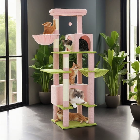 Demi Bonn 66" Cat Tree Tower for Big Cats, Cat Tree House Furniture with Hammock, Indoor Cat Condo for Adult Cats, Pink