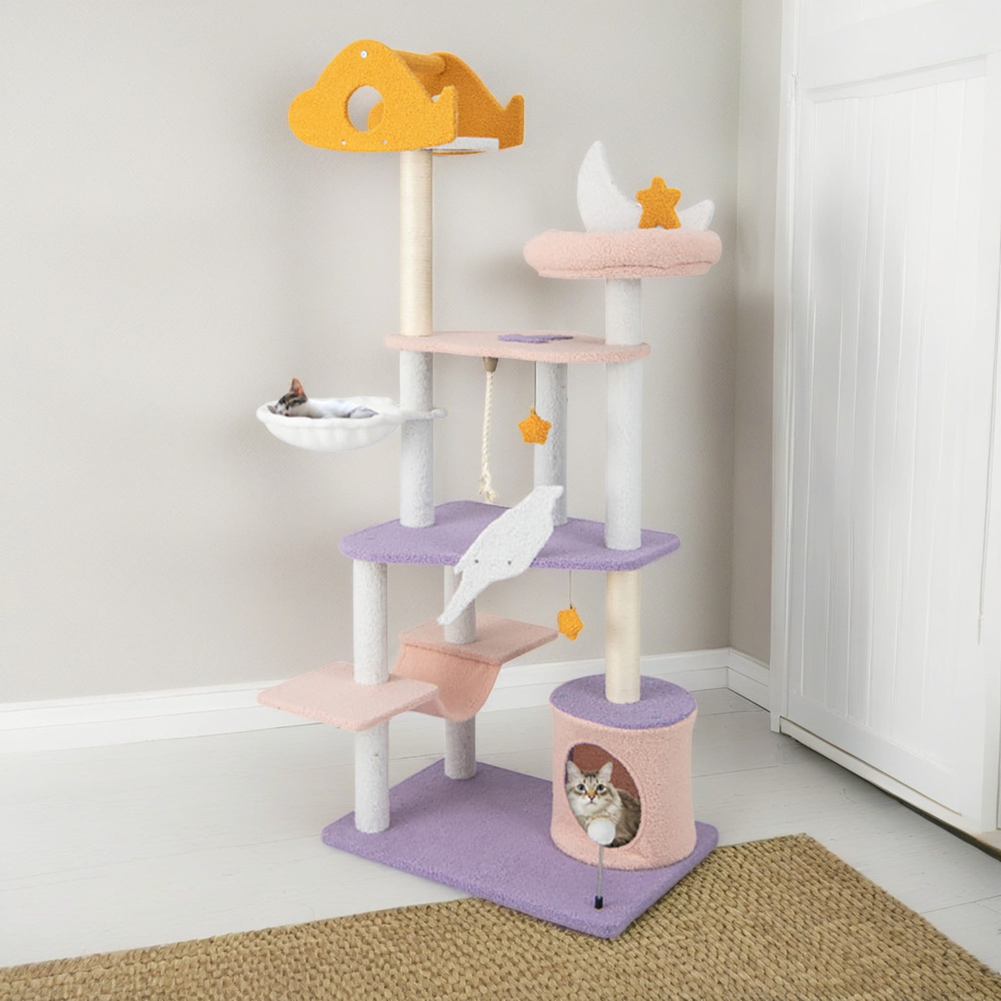 resenkos 66" Cat Tree Tower with Scratching Posts, Cat Condo with Padded Plush Perch, Multi-Platform for Jump Cat Tree House, Purple
