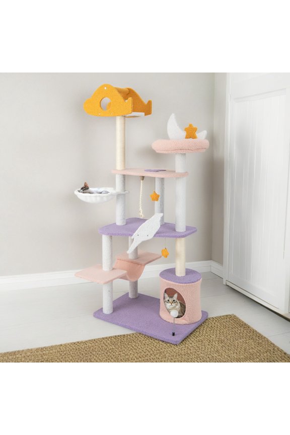 66" Cat Tree Tower with Scratching Posts, Cat Condo with Padded Plush Perch, Multi-Platform for Jump Cat Tree House, Purple