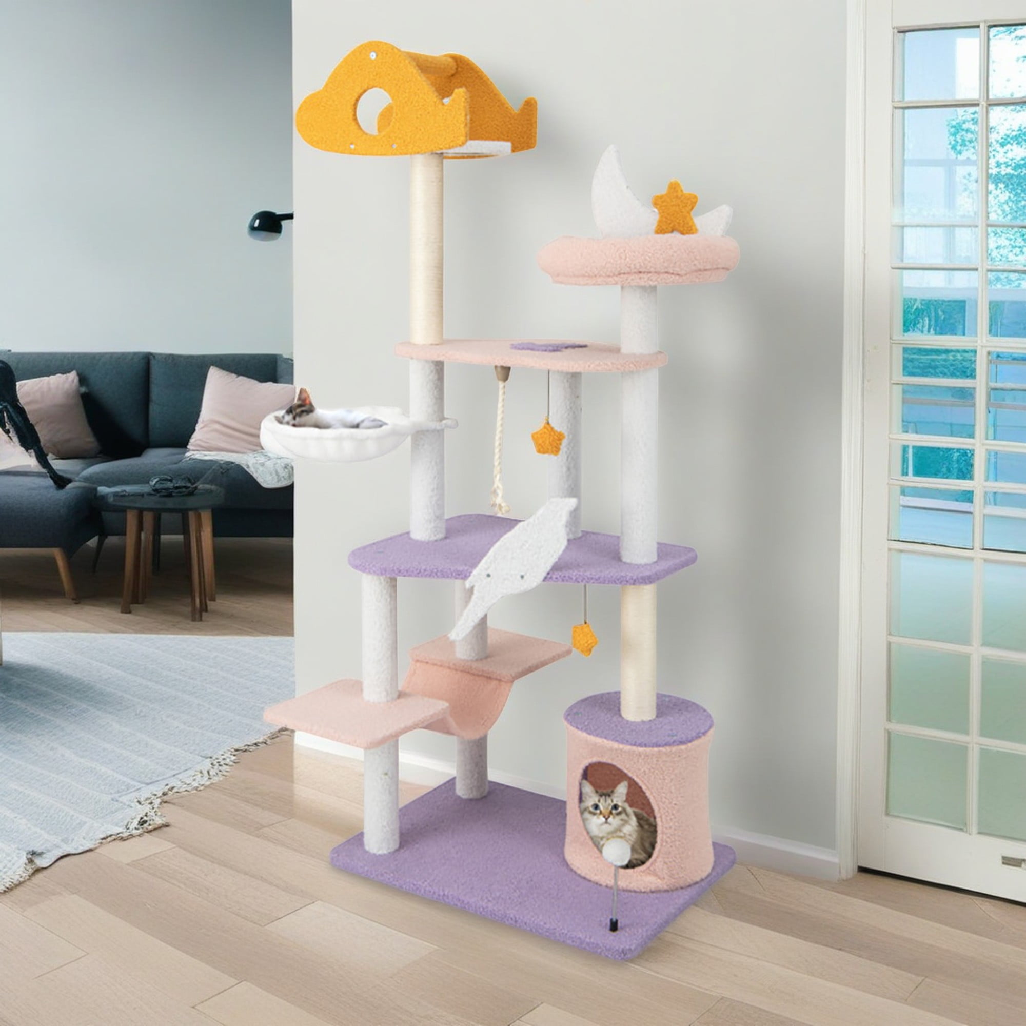 Kadyn 66" Cute Cat Tree Tower for Indoor Cats, Moon and Star Cat Condo with Sisal Scratching Posts, Plush Perches, Kitten Cat Tree Tower Activity Center, Purple