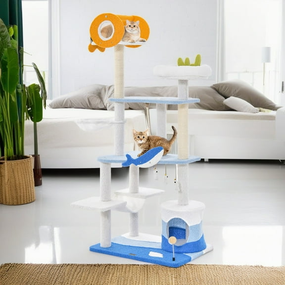 Demi Bonn 66" Cute Cat Tree Tower for Indoor Cats, Ocean World Cat Condo with Sisal Scratching Posts, Plush Perches, Kitten Cat Tree Tower Activity Center, Blue