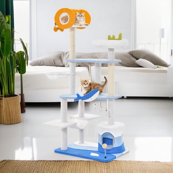 Demi Bonn 66" Cute Cat Tree Tower for Indoor Cats, Ocean World Cat Condo with Sisal Scratching Posts, Plush Perches, Kitten Cat Tree Tower Activity Center, Blue