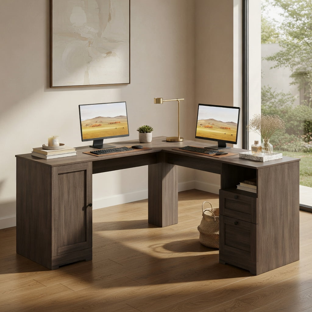 Demi Bonn 66 Inch L-shaped Computer Desk with Power Outlets Pull-out Keyboard Tray Storage Drawers Adjustable Shelf Cable Management Dark Gray Home Office Desk, Dark Gray